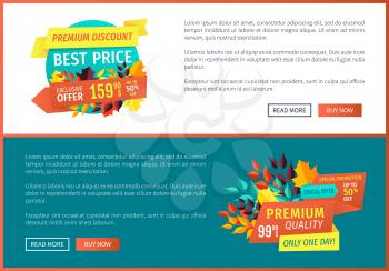 Premium discount best price posters set with banners and text. Autumn leaves decoration only one day exclusive products quality goods offer vector