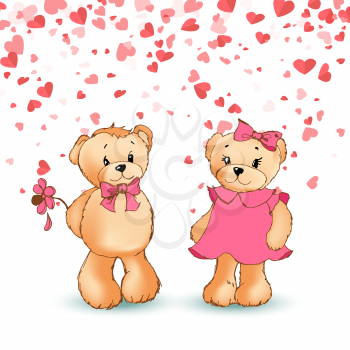 Teddy boy holding flower to girl, festive card with hearts. Bears toys with pink bows, cartoon character vector. Boyfriend and girlfriend Valentine day