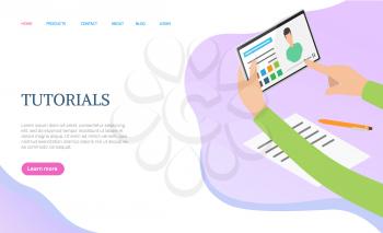 Tutorials web training, knowledge network vector. Lying paper with pen, holding tablet with opening page of playback video, online communication app. Website template, landing page in flat style