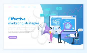 Effective marketing strategies website vector, optimization of web. Workers with magnifying glass making researches and analysis of content, promotion. Webpage template, landing page in flat style