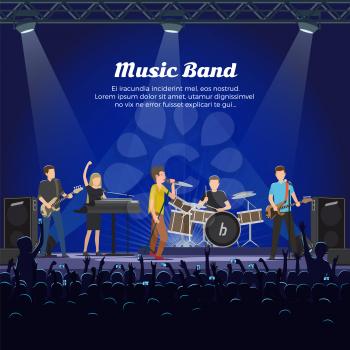 Music band concert of people playing on instruments vector. Drummer and electric guitar player, bass and piano accompaniment. Vocalist singing for crowd