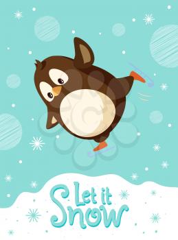 Penguin on skates, bird skating on ice rink, Christmas holidays celebration. Arctic cartoon character on snowy blue with snowflakes. Polar animal greeting card