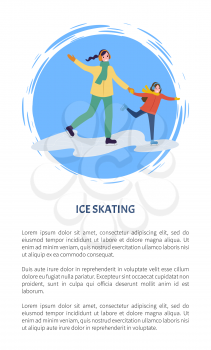 Ice skating mother and daughter poster with text vector. Hobby of family, child wearing winter clothes, figure skaters on rink winter game mom and kid