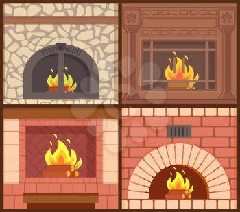 Fireplaces made of wood and stone heating systems types vector. Redbrick and wooden carving opened and closed kinds of furnaces with burning logs