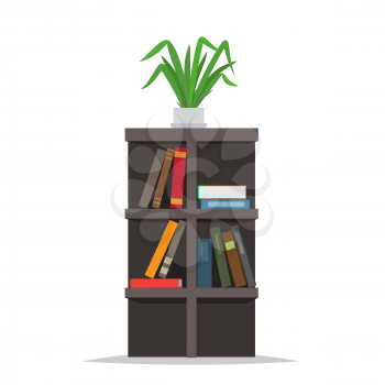 Bookcase with books and flowerpot on top flat vector isolated on white background. Classic wooden shelve with textbooks illustration for library or bookstore interiors design concepts   