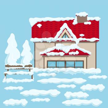 House with two floors, red roof, beige wall, french and triangular windows and wooden brown bench near under white snow on light blue background. Vector illustration of snowy winter weather.