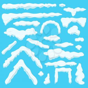 White figures made of ice or snow set in flat style on blue background. Round, triangular and rectangular frozen arches, straight and twisted lines from ice vector collection in cartoon design.