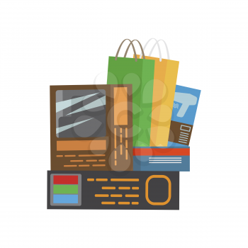 Bunch of purchases consists of bags and boxes on white background. Shopping-themed isolated vector illustrations of different stuff. Biggest dream of shopaholic bags and boxes with purchases.