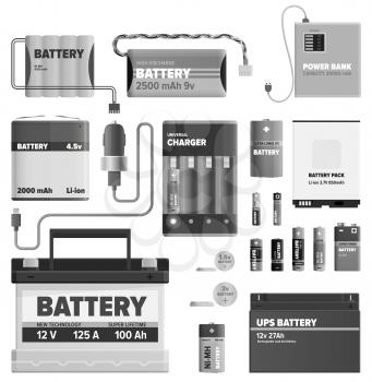 Black and white powerful batteries isolated on white background. Electric appliances to recharge energy for longer usage or make devices run vector illustration. Power containers to restore devices.
