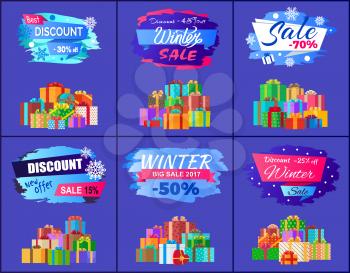 Best discount winter sale posters set promo labels with percent off signs, decorated by snowflakes and pile of gift present boxes vector illustrations