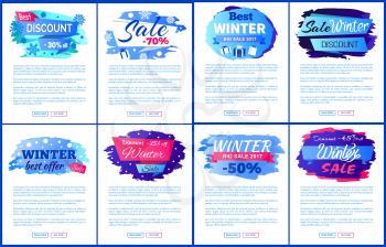 Best winter sale offer set of posters on white background. Vector illustration with cold-colored signs with snowflakes and presents in wrapping paper