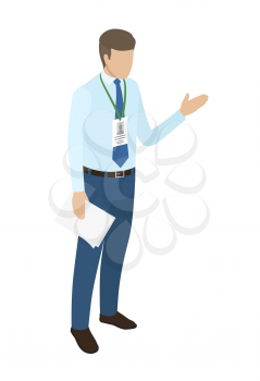 Young manager with name badge on neck holds paper in one hand vector illustration. Office worker dressed in blue shirt and navy jeans