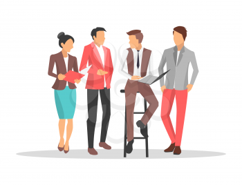 Business people discussing important things, man sitting on chair and holding papers, his colleagues listen to him, picture on vector illustration