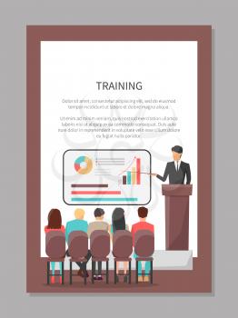 Training poster with people look at presentation with graphics and speaker in suit at business classes isolated cartoon flat vector illustration on white