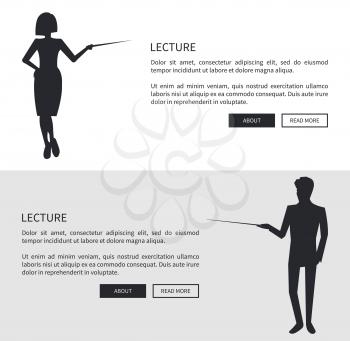 Lecturer man and woman dressed formally black silhouette giving information pointing on something by pointers on vector illustration isolated on white