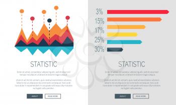 Statistic presentation set of two releases of web page design with multicolored bar graphs. Vector illustration of charts with room for web page elements