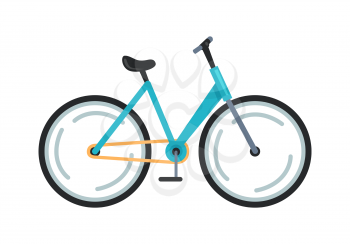 Icon of blue bicycle with black seat and steering and both wheels rotating. Vector illustration of bike isolated on white background