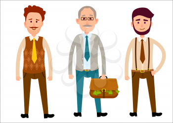 Three men of different looks isolated on white. First Caucasian man with curly hair and whisker, second gray-haired male with bag full of dollar money, third hipster boy with beard vector illustration