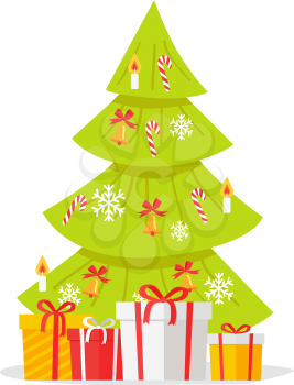 Christmas tree with gift boxes isolated on white. Cartoon fir tree with snowflakes, sweet candies and candles with fire xmas holiday concept. Happy New Year winter season holiday celebration. Vector