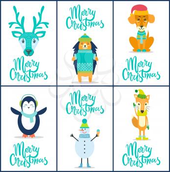 Merry Christmas, icons of hedgehog, head of reindeer, calmly sitting dog, penguin and snowman with ice-cream and fox isolated on vector illustration