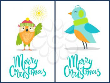Merry Christmas, posters set with owl that is wearing hat and holding Bengal light, bird with warm knitted scarf vector illustration isolated on white