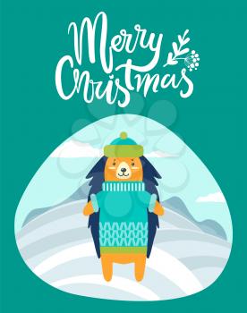 Merry Christmas greeting card with hedgehog in warm hat and knitted winter sweater with pattern isolated vector illustration on winter landscape