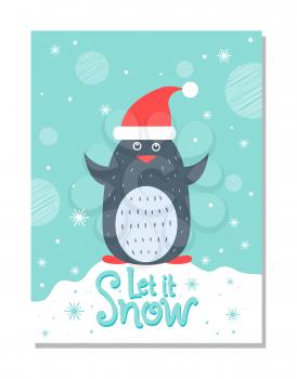 Let it snow greeting Christmas card with penguin in red Santas hat on winter landscape background, cute polar bird in warm headwear vector illustration