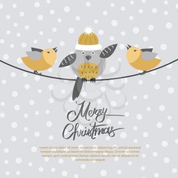 Merry Christmas card with three birds on black rope on grey background with white snowflakes. Vector illustration of one gray flyer in knitted cap with raised wing and two golden singing on sides.
