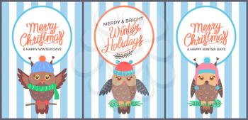 Merry Christmas and happy winter days 60s postcard with cute owl in knitted hat sitting on twig. Vector illustration with bird on light background