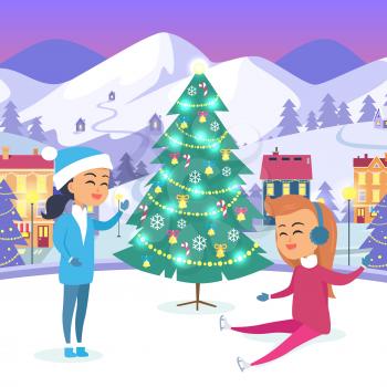 Little sitting smiling girl and female person in Snow-maiden suit near decorated Christmas tree on urban icerink. Vector illustration of celebrating New Year and spending xmas winter holidays outdoors