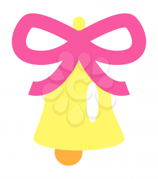 Christmas icon of golden abstract handbell on white background. Vector illustration of fir trees toy jingle with big pink ribbon bow. Element of fashionable decoration for Christmas holidays.