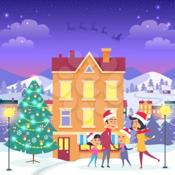Happy family near orange house and decorated Christmas tree. Vector illustration of people in Santa Claus red hats and warm winter clothes outside in evening. Joyful spending of winter holidays