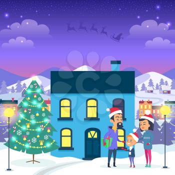 Happy family near blue house and decorated Christmas tree. Vector illustration of cartoon three people in Santa Claus red hats and warm winter clothes outside in evening spend winter holidays