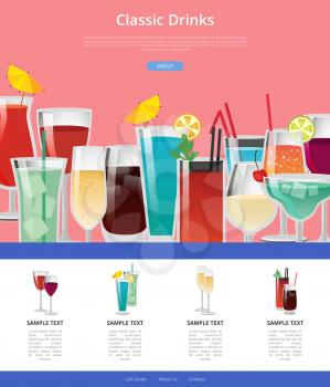 Classic drinks web poster with samples of alcoholic beverages in glasses with place for text vector illustration advertisement banner