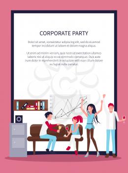 Corporate party poster with smiling people sitting in office, drinking wine, workplace with whiteboard, sofa and drawers with documents vector in frame