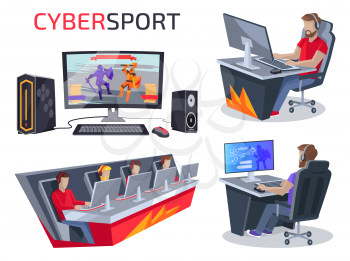Cybersport set of icons representing workplace of gamer consisting of pc, mouse and keyboard, team and person playing video game vector illustration