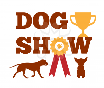 Dog show award with ribbon and canine animal design advert poster vector illustration isolated on white background, noble purebred puppy and gold cup