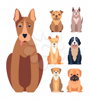 Happy cute doggies sitting with smiling muzzle and hanging out tongue flat vector isolated on white. Lovely purebred cartoon pets illustration for vet clinic, breed club or shop ad