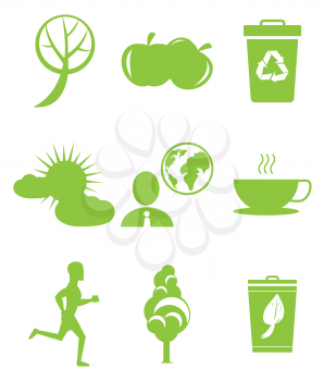 Set of icons in save environment concept. Healthy food, running person, politician thinking about global issues, garbage bin with recycling sign vector