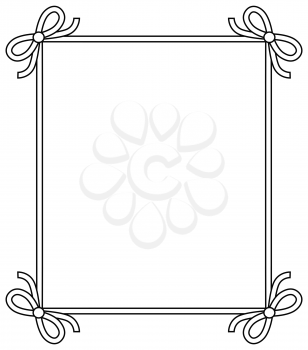 Ornamental frame with vintage decor elements, decorative bows vector illustration in linear style isolated on white background, colorless photoframe