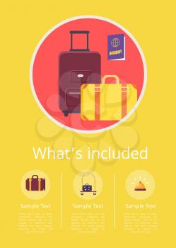 Whats included in hotel service informative internet page with heavy baggage and international passport isolated vector illustration inside circle.