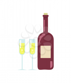 Unopened wine with label and two glasses with poured alcoholic drinks in them, represented on vector illustration isolated on white