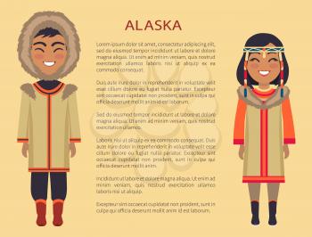 Alaska people wearing warm clothes, hood and coats with fur, couple standing and smiling on vector international day poster with text, native aborigines