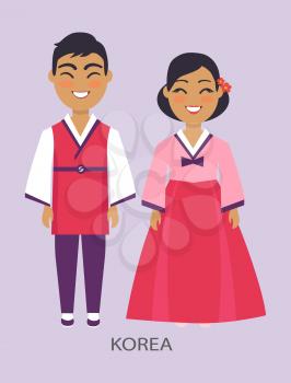 Korea and representatives of korean culture and customs, man and woman in traditional outfit of nation on vector illustration isolated on purple