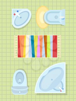 Bathroom interior decor including washbasin, toilet and bidet with mat under it, shower and colorful carpet on vector illustration