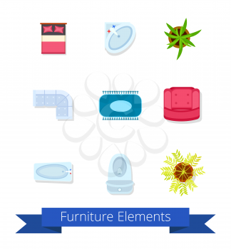 Furniture elements icons set , title written on blue ribbon and images of things in bathroom, kitchen and bedroom vector illustration