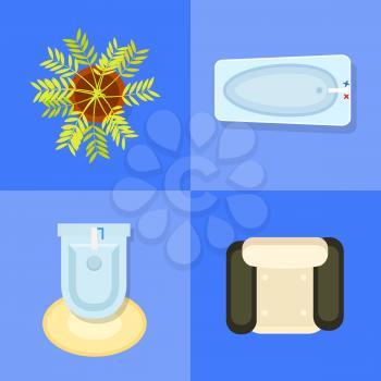 Indoor furniture icons with black and white armchair, bathtub, toilet with carpet and flower vector illustration on blue background
