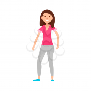 Teen girl with broad smile in pink T-shirt, grey leggings and blue shoes isolated vector illustration on white background.