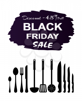 Black Friday sale postcard with silhouettes of kitchenware on white background. Vector illustration with discount offer on kitchen equipment