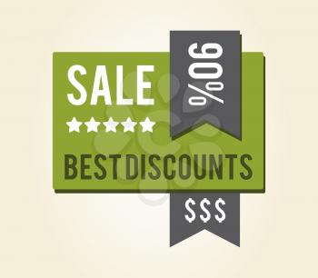 Sale best discounts 90 , sticker consisting of rectangle with text and stars and grey ribbons with percentage and dollar sign, on vector illustration